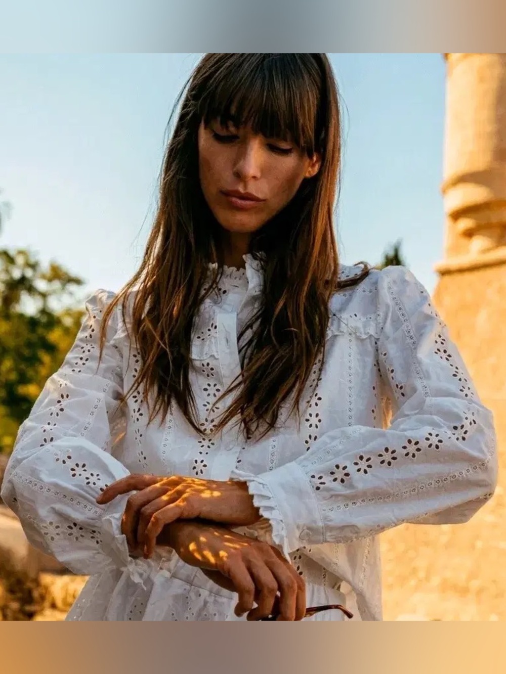 ZARA White Eyelet Lace Blouse w Ruffle Trim Feminine Womens Top - Picture 2 of 14